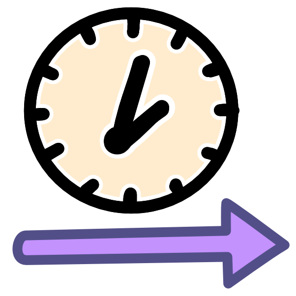 an image with dark line art echoes with white shows an off white clock with a purple arrow below it pointing left to right